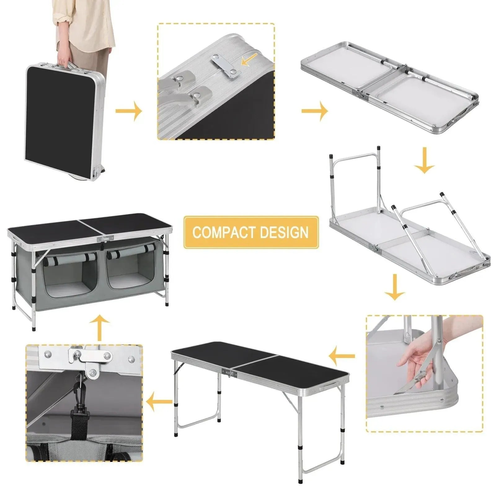 Feronza™ Opvouwbare Picknicktafel met Verstelbare Hoogte en Opbergruimte – Compacte Aluminium Campingtafel voor 4-6 Personen - Feronza